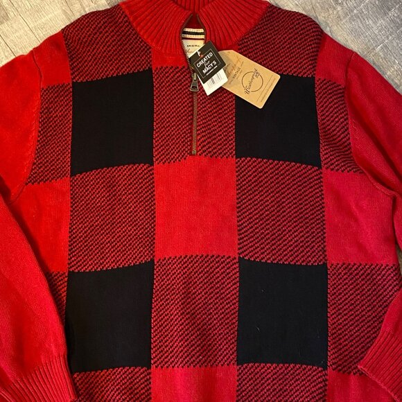 Weatherproof Vintage Mens XL Red & Black Plaid Wool Blend Half-Zip Sweater made - Picture 1 of 9